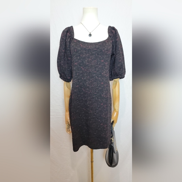 Free People Mini Dress Black Sunset Puff Sleeve Jacquard Knit, Size M - Picture 1 of 6